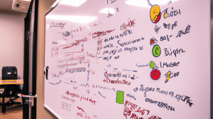 a busy whiteboard in a board room with a financial ratios and charts